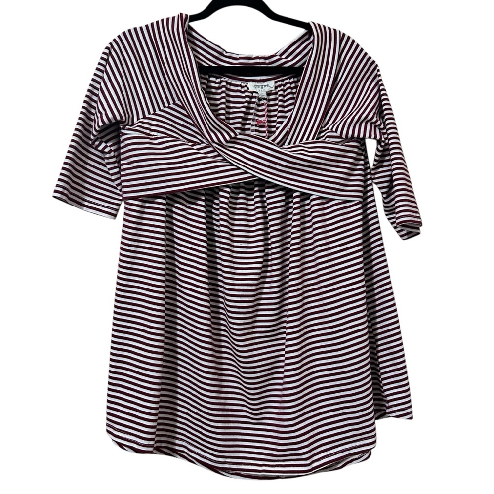 Umgee Burgundy White Striped Boat Neck Blouse Size Large Elbow Sleeve Soft Top